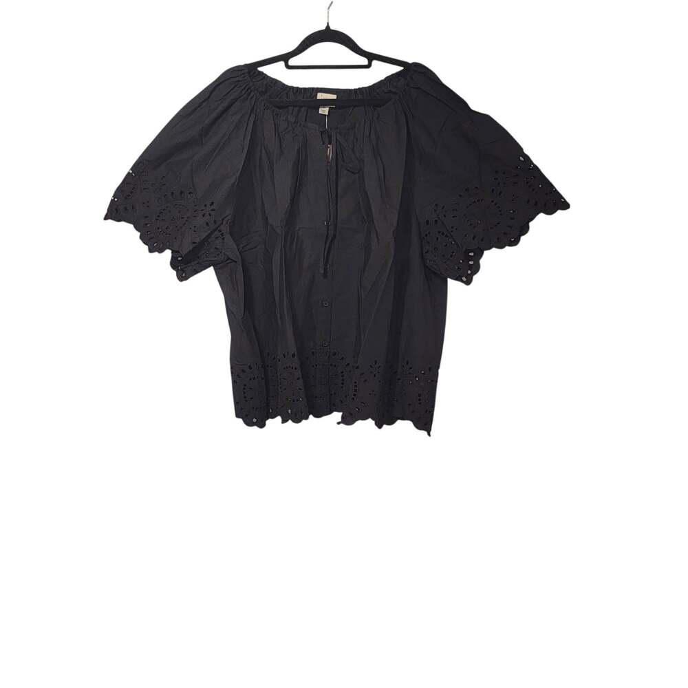 A New Day Women's Short Sleeve V-Neck Button-Front Eyelet Blouse Black Sz 2X